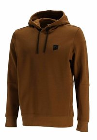 Sweat à capuche marron à manches longues avec cordons noirs et petit logo noir sur la poitrine gauche, avec poignets et ourlet côtelés.