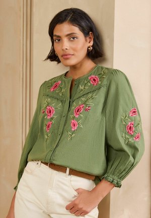 Love & Roses, EMBROIDERED STRIPE 3/4 SLEEVE BUTTON THROUGH BLOUSE - Pusero - green floral
