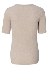 Hellbeige T-Shirt mit kurzen Ärmeln aus geripptem Stoff. Verfügt über einen runden Halsausschnitt und eine glatte Textur ohne sichtbare Muster oder Akzente.