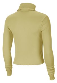 Långärmad ribbad topp i ljusgul, med en mockkrage och vågig nederkant. Avskuren design med texturerad tyg och gathers på ärmarna.