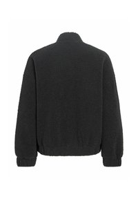 Veste en polaire noire avec manches longues, col montant et ourlets élastiques, vue de dos sur fond blanc.