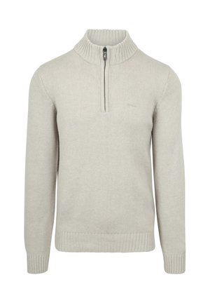 Light gray zip-neck sweater with ribbed collar, cuffs, and hem. Soft textured fabric, fitted design, and minimal branding detail on the chest.