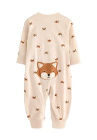 Rompers pour bébé beige avec un imprimé de renards sur l'ensemble, manches longues et une grande poche en forme de tête de renard à l'arrière. Fabriqué en coton doux.