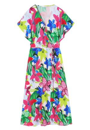 Wikkeljurk met een bloemenpatroon in roze, blauw en groene tinten. Gemaakt van lichtgewicht stof, met korte mouwen en een strik taille.