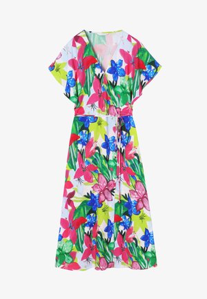 En omslagskjole med blomsterprint i pink, blå og grønne nuancer. Fremstillet af letvægtsstof, med korte ærmer og bånd i taljen.