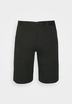 Schwarze Shorts aus einem glatten Baumwollgemisch. Mit Knopfverschluss, Gürtelschlaufen und einem sauberen Schnitt. Keine sichtbaren Muster oder Designs.