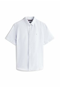 Camisa de manga corta a rayas en azul y blanco con cuello abotonado, que presenta un pequeño logo en el pecho y un dobladillo recto.