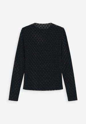 Haut noir en maille texturée à manches longues avec un col rond, vu de dos sur fond blanc.