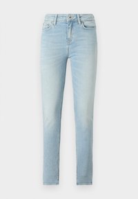 Jeans skinny de color azul claro con un lavado envejecido, diseño de cinco bolsillos, cierre de cremallera y botón, y ligero estiramiento para mayor comodidad.