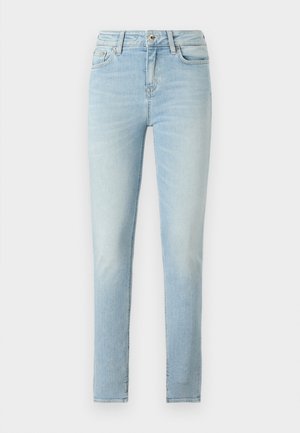 Light blue skinny jeans with a faded wash, five-pocket design, zipper and button closure, and slight stretch for comfort.