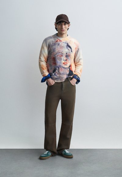 Πουλόβερ με πολύχρωμο πορτρέτο· απαλή, χνουδωτή υφή. Καφέ παντελόνια φαρδιάς γραμμής. Σκούρα πράσινα παπούτσια με λευκά κορδόνια. Καφέ καπέλο.