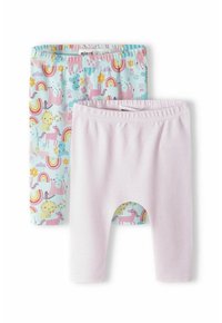 Dva para leggings: ena z vzorcem pastelnkega enoroga in mavrice na svetlo modri podlagi, in enobarvne svetlo roza hlače z rebrasto teksturo.