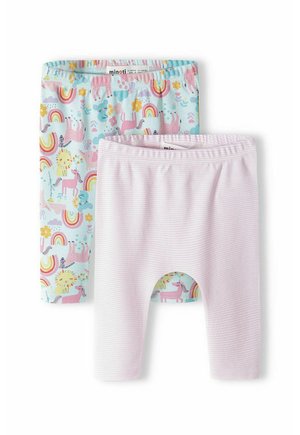 Två par leggings: ett med ett pastellunicorn- och regnbågsmönster på en ljusblå bakgrund, och ett ensfärgat par i ljusrosa med ribbad textur.