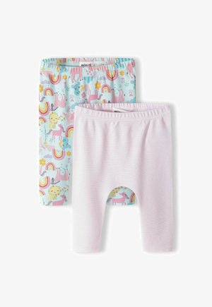Två par leggings: ett med ett pastellunicorn- och regnbågsmönster på en ljusblå bakgrund, och ett ensfärgat par i ljusrosa med ribbad textur.