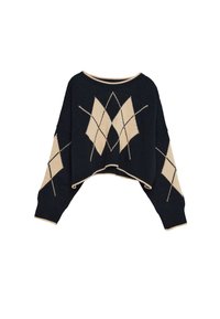 Marineblauwe cropped trui met een beige diamantpatroon. Gebreide stof, ronde halslijn en brede mouwen. Heeft contrasterende accenten langs de zoom.