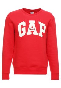 Felpa rossa in misto cotone, con logo "GAP" bianco in lettere grassetto e scritta "Original" sotto. Polsini e orlo a coste.