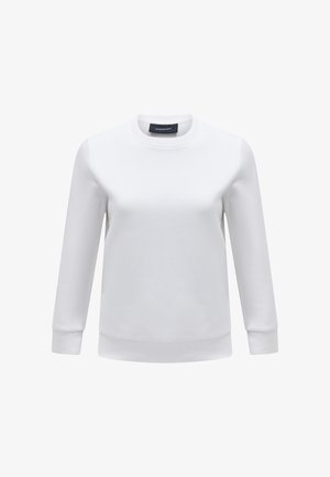 White sweatshirt made of soft fabric, featuring a round neckline, long sleeves, and ribbed cuffs. Smooth texture, minimalistic design.