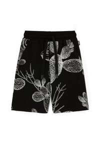 Pantalones cortos negros con un patrón floral en blanco y gris. Con cintura elástica y cordón ajustable, y bolsillos laterales. Hechos de una tela suave.