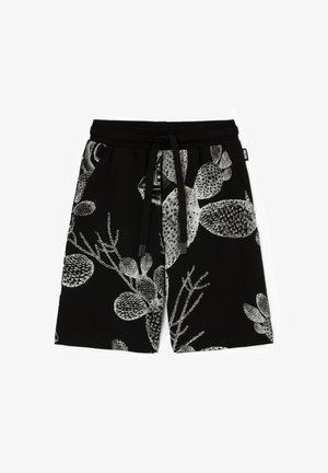 Black shorts with a floral pattern in white and grey. Features an elastic waistband with a drawstring and side pockets. Made of soft fabric.