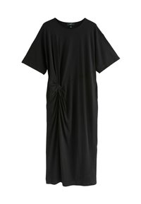 Schwarzes ärmelloses Midi-Kleid mit rundem Halsausschnitt und seitlichem Knoten-Detail, das einen gerafften Stoffeffekt erzeugt.