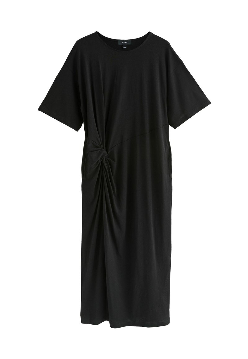 Schwarzes ärmelloses Midi-Kleid mit rundem Halsausschnitt und seitlichem Knoten-Detail, das einen gerafften Stoffeffekt erzeugt.