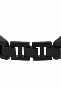Bracciale in metallo nero con design a maglia rettangolare, finitura opaca e un logo distintivo su un link.