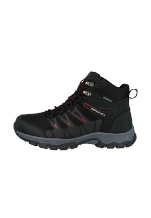 Bota de senderismo impermeable negra con suela gris, cordones con acentos rojos, ojales metálicos y la marca "Softshell" en el lateral.