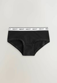 Chiloți hipster negri din bumbac cu un branding elastic alb care prezintă logo-ul "NEXT" repetat, textură netedă și design clasic.