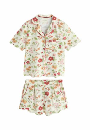 Short-sleeve button-up shirt and shorts set with white background, featuring red, orange, pink floral pattern and green leaves, with red piping detail.