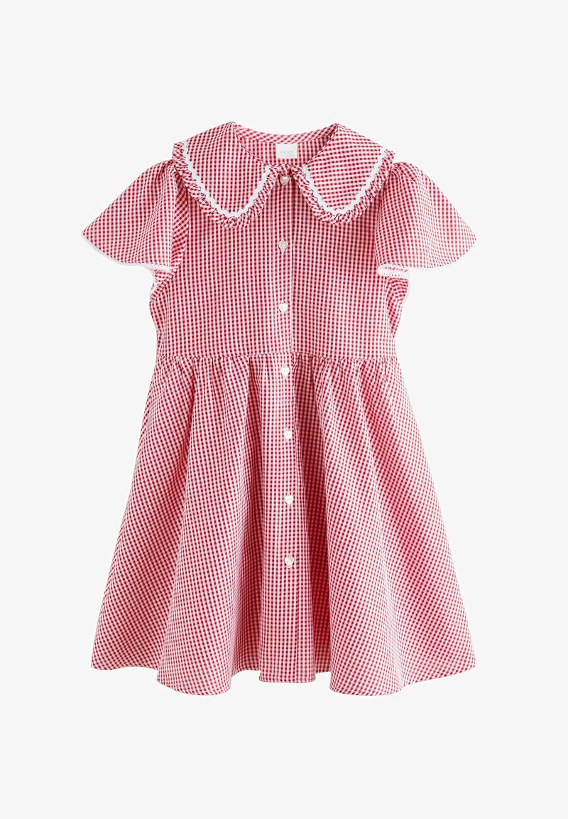 Rotes und weißes Vichy-Kleid mit gewelltem Peter-Pan-Kragen, kurzen Puffärmeln und vorderer Knopfleiste mit herzförmigen Knöpfen.