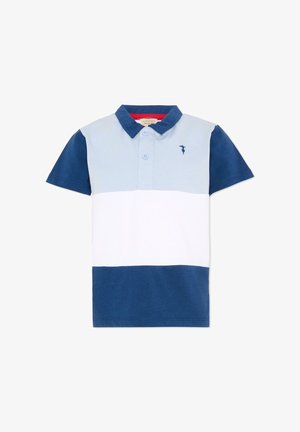 Poloshirt met korte mouwen, marineblauwe kraag en mouwen, lichtblauwe bovenborst, wit midden en marineblauwe onderkant, met een klein logo op de borst.