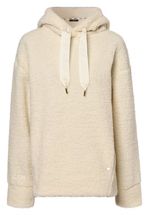 Hellbeiger Fleece-Kapuzenpullover mit Kordelzügen, langen Ärmeln und einem strukturierten, weichen, sherpaähnlichen Stoff.