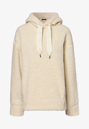 Cream-colored fleece hoodie with drawstrings, long sleeves, and a textured, soft, sherpa-like fabric.