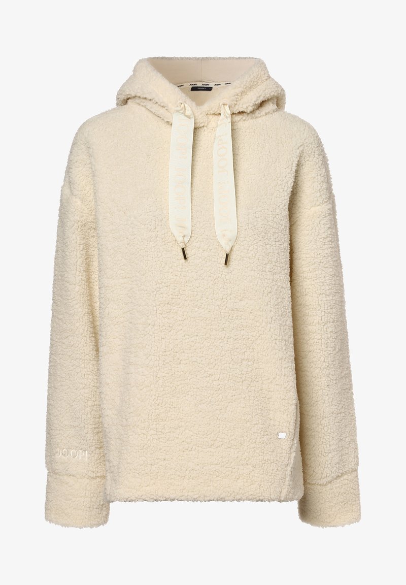 Kermanvärinen fleecetakki, jossa on kiristysnauhat, pitkät hihat ja pehmeä, sherpa-tyylinen tekstuuri.