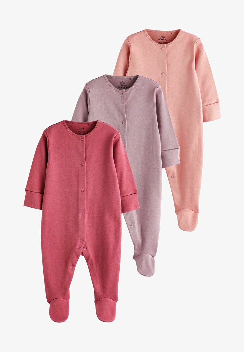 Tri dolgimi rokavi otroški kombinezoni iz mehke tkanine. Barve vključujejo roza, svetlo roza in mauve. Imajo polne gumbke in zasnovo z nogicami.
