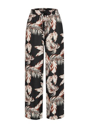 Black wide-leg pants with white and brown tropical leaf print and elastic waistband with black drawstring.