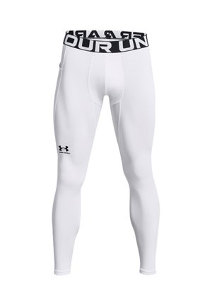 White athletic tights with a black waistband featuring "Under Armour" lettering, made of stretchy material, designed for performance and comfort.