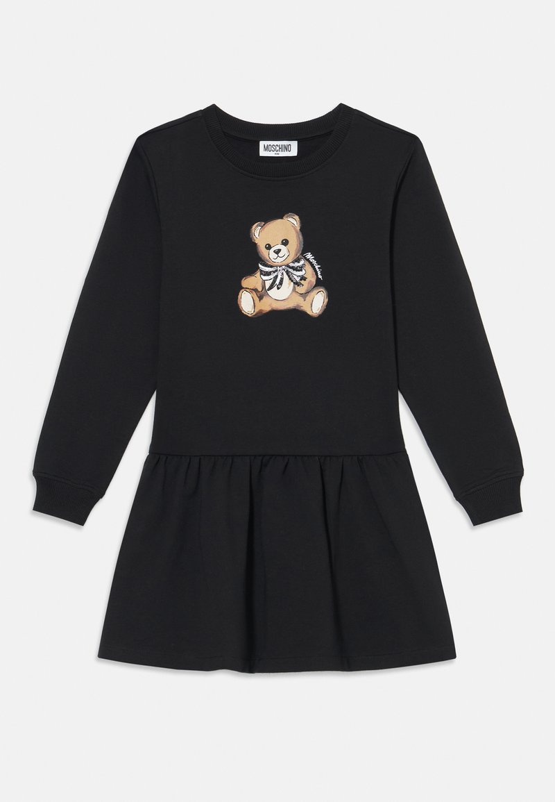 Schwarzes langärmliges Kleid mit einem ausgestellten Rock, das auf der Vorderseite ein Teddy-Bären-Design zeigt. Hergestellt aus weichem Stoff mit einer bequemen Passform.