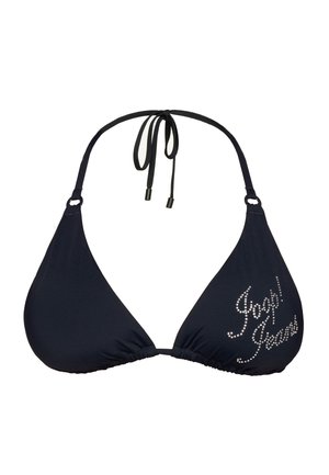 Haut de bikini triangle noir avec liens noués autour du cou et texte en strass "Fresh! Fresh!" sur la coupe droite.