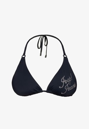 Zwarte driehoekbikinitop met halternekbandjes en rhinestone tekst "Fresh! Fresh!" op de rechterbeker.