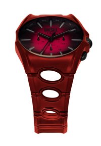 Orologio in plastica rossa con cassa tondeggiante e finitura lucida. Il quadrante sfumato passa dal rosa al rosso scuro, con indicatori delle ore e lancette neri.