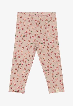 Roza legice z cvetličnim vzorcem, ki vsebuje majhne roza in rumene cvetove ter zelene liste. Narejene iz mehkega, raztegljivega materiala. Delna oznaka blagovne znamke na robu.