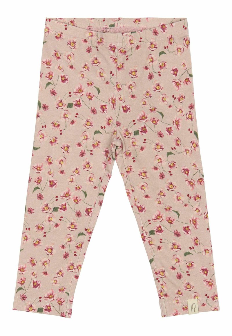 Leggings rosa con un motivo floreale composto da piccoli fiori rosa e gialli e foglie verdi. Realizzati in tessuto morbido e elasticizzato. Etichetta del logo parziale all'orlo.