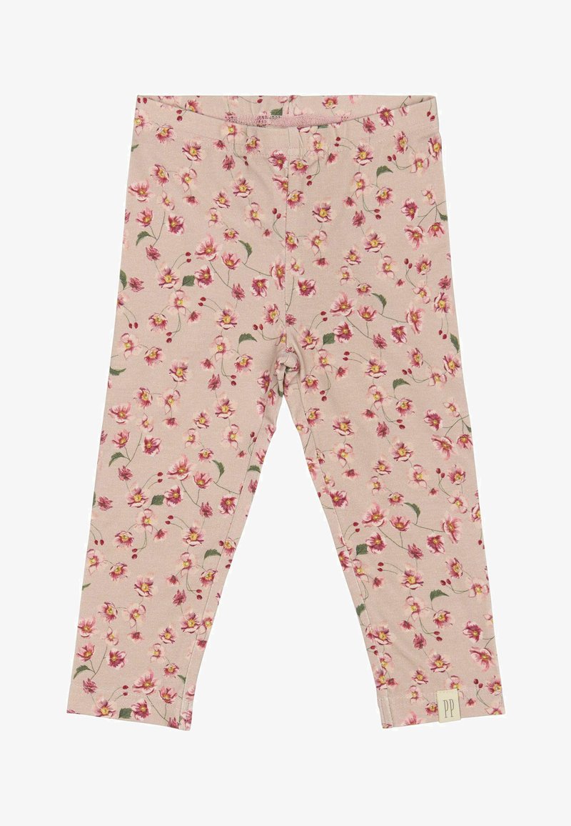 Leggings rosa con un motivo floreale composto da piccoli fiori rosa e gialli e foglie verdi. Realizzati in tessuto morbido e elasticizzato. Etichetta del logo parziale all'orlo.