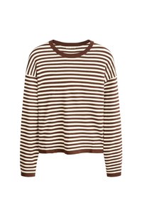 Barna-fehér vízszintes csíkos hosszú ujjú, kerek nyakú kötött pulóver bordázott mandzsettákkal és szegéllyel.