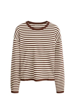Rjavi in beli pulover z dolgo dolgimi rokavi s horizontalnimi črtami, okroglim izrezom in rebrastimi manšetami ter spodnjim robom.