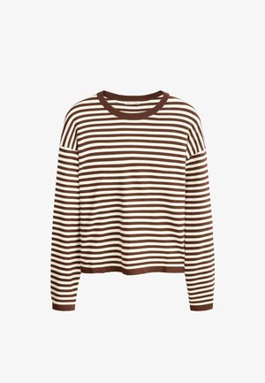 Rjavi in beli pulover z dolgo dolgimi rokavi s horizontalnimi črtami, okroglim izrezom in rebrastimi manšetami ter spodnjim robom.