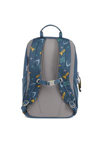 Backpack with mesh back, padded adjustable straps in blue with rocket and star patterns; grey base, minimal hardware, top handle for carrying.