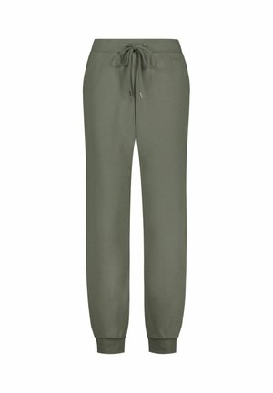 Olijfgroene joggerbroek met elastische boorden en tailleband, voorzien van een vooraan gestrikte trekkoord en een slanke pasvorm.