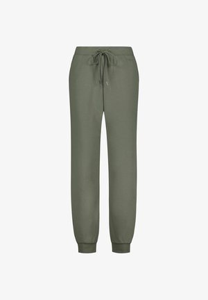 Olijfgroene joggerbroek met elastische boorden en tailleband, voorzien van een vooraan gestrikte trekkoord en een slanke pasvorm.